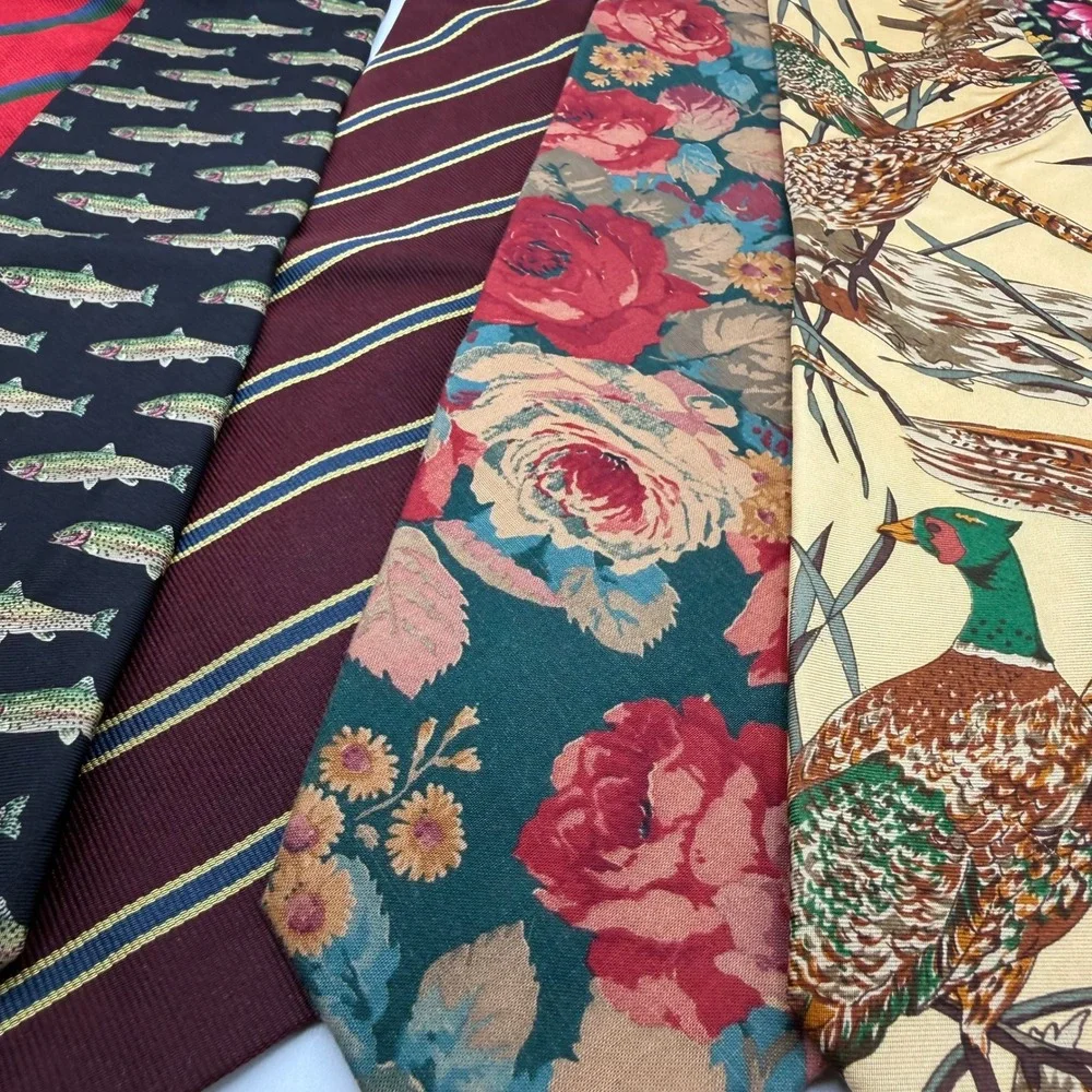 Huntington Mens Silk Necktie Lot of 7 Vintage Paisley Striped Fish Bird Floral
